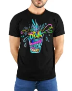 Colorful Drink Moments Neon Art T-shirt - model wearing black shirt, hands behind back