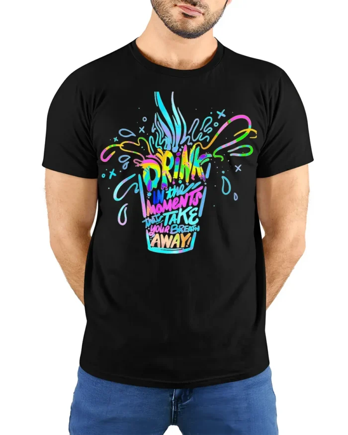 Colorful Drink Moments Neon Art T-shirt - model wearing black shirt, hands behind back