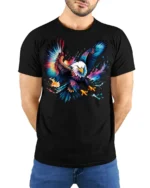 Colorful Bald Eagle Splash Art T-shirt - model wearing black shirt, hands behind back