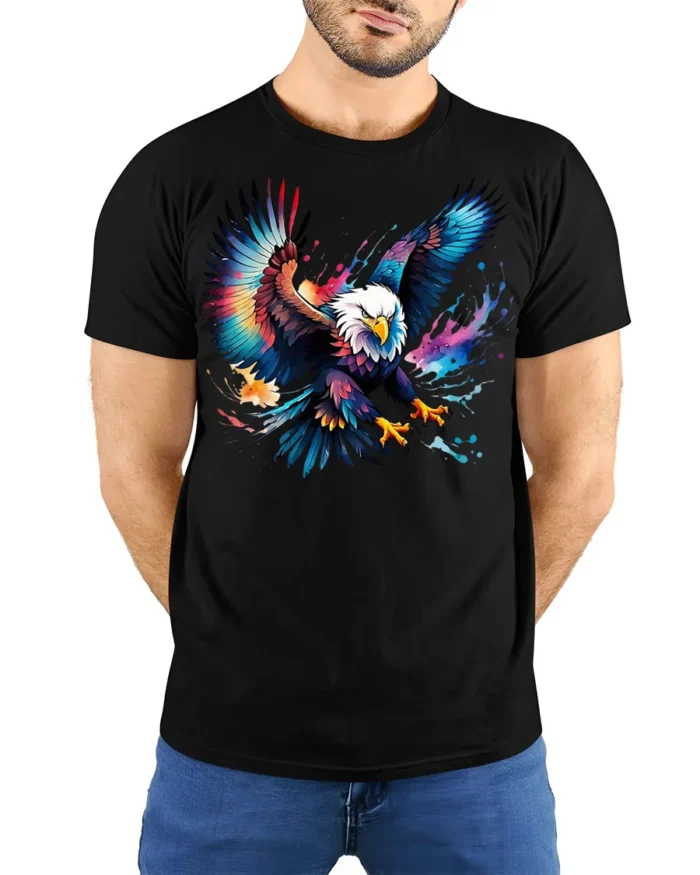 Colorful Bald Eagle Splash Art T-shirt - model wearing black shirt, hands behind back