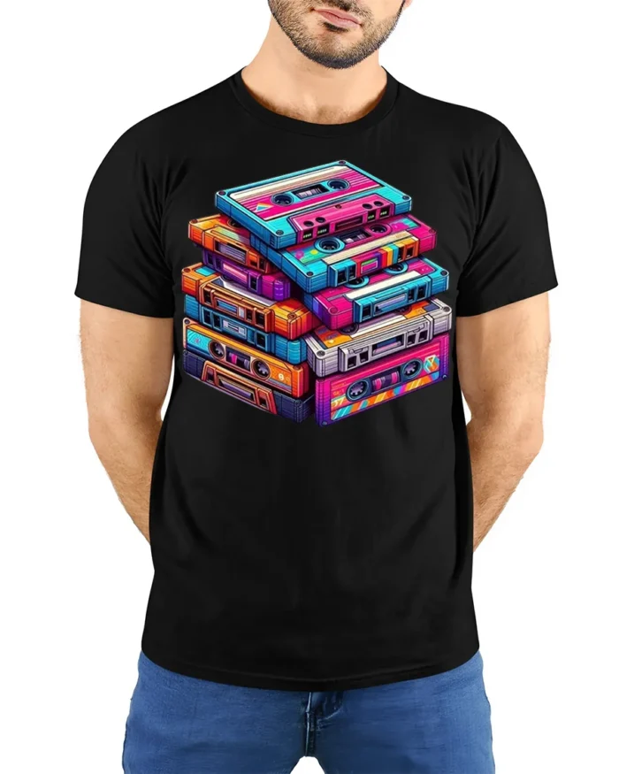 Retro Cassette Tape Stack Art T-shirt - model wearing black shirt, hands behind back