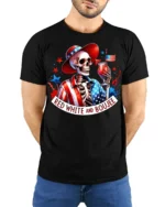Red White Boujee Skeleton Party T-shirt - model wearing black shirt, hands behind back