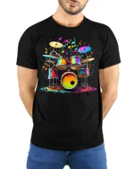 Colorful Drum Set Music Splash T-shirt - model wearing black shirt, hands behind back