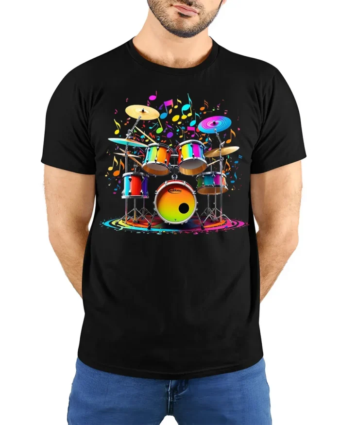 Colorful Drum Set Music Splash T-shirt - model wearing black shirt, hands behind back