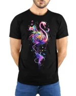 Colorful Flamingo Splash Art T-shirt - model wearing black shirt, hands behind back