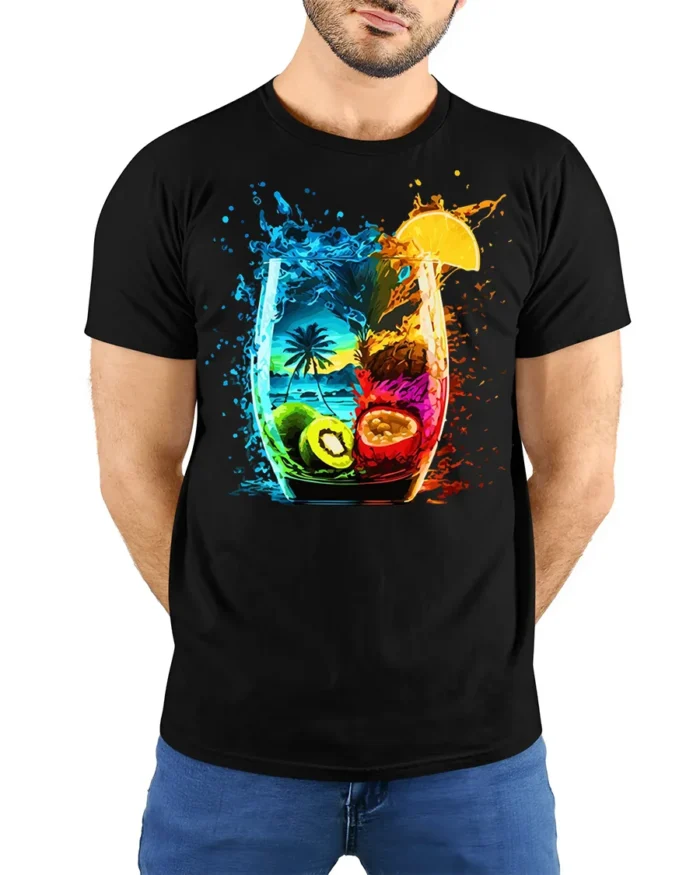 Tropical Fruit Splash Cocktail Art T-shirt - model wearing black shirt, hands behind back