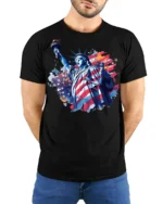 Statue of Liberty American Flag T-shirt - model wearing black shirt, hands behind back