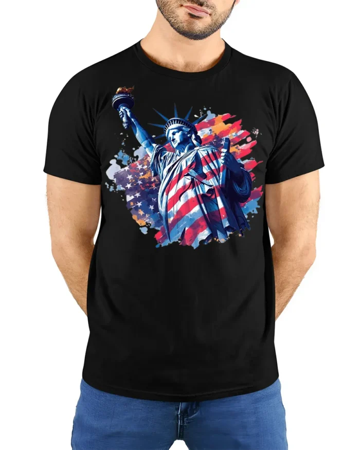 Statue of Liberty American Flag T-shirt - model wearing black shirt, hands behind back