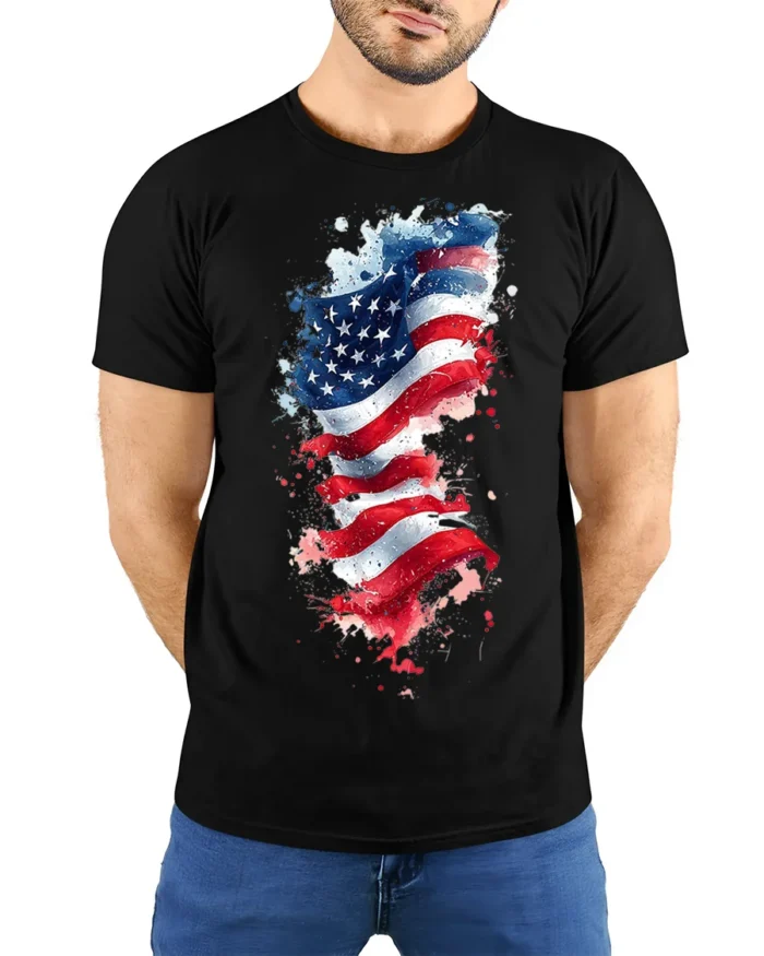 American Flag Watercolor Splash T-shirt - model wearing black shirt, hands behind back