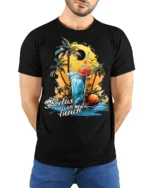 Tropical Beach Relaxation Sunset T-shirt - model wearing black shirt, hands behind back