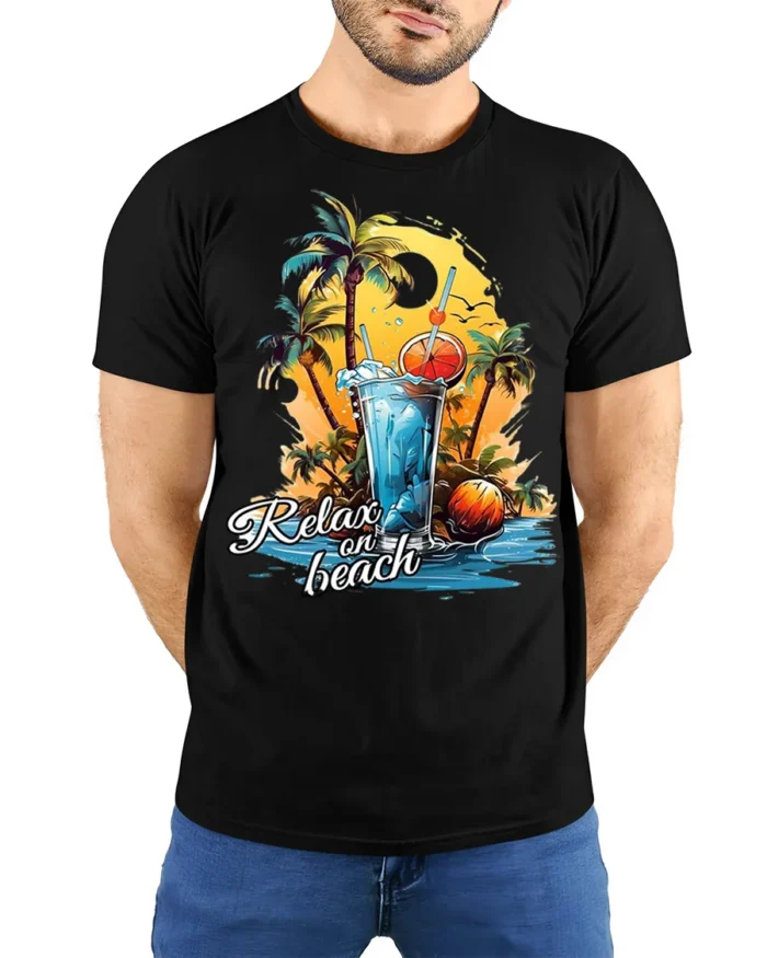 Tropical Beach Relaxation Sunset T-shirt - model wearing black shirt, hands behind back