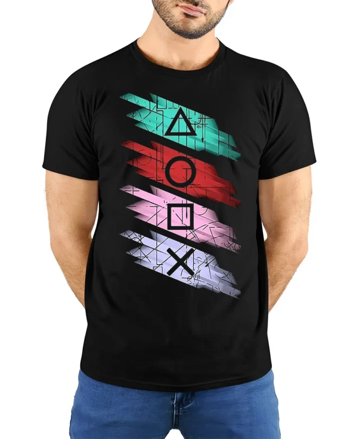 Retro Gamer Symbol Striped Art T-shirt - model wearing black shirt, hands behind back