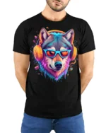 Neon Cool Wolf with Headphones T-shirt - model wearing black shirt, hands behind back