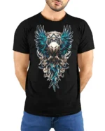Tribal Warrior Eagle Crest Art T-shirt - model wearing black shirt, hands behind back