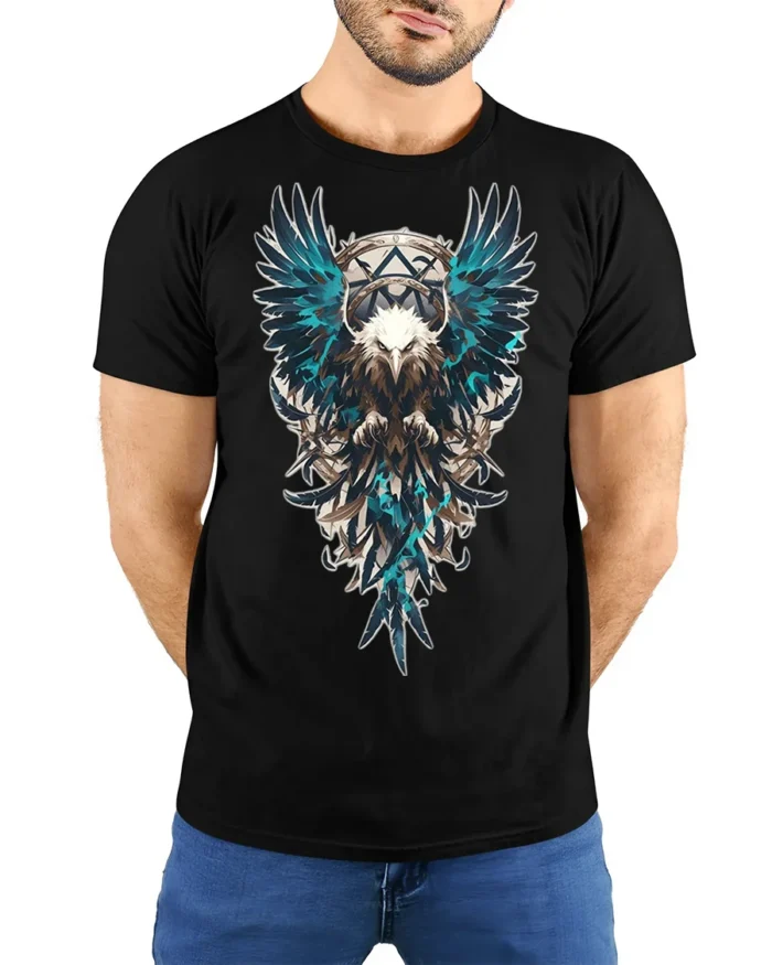 Tribal Warrior Eagle Crest Art T-shirt - model wearing black shirt, hands behind back