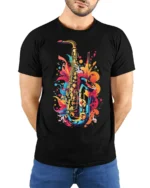 Colorful Jazz Saxophone Art T-shirt - model wearing black shirt, hands behind back