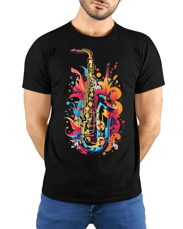 Colorful Jazz Saxophone Art T-shirt - model wearing black shirt, hands behind back