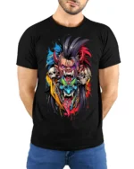 Psycho Demon Skull Fusion Art T-shirt - model wearing black shirt, hands behind back