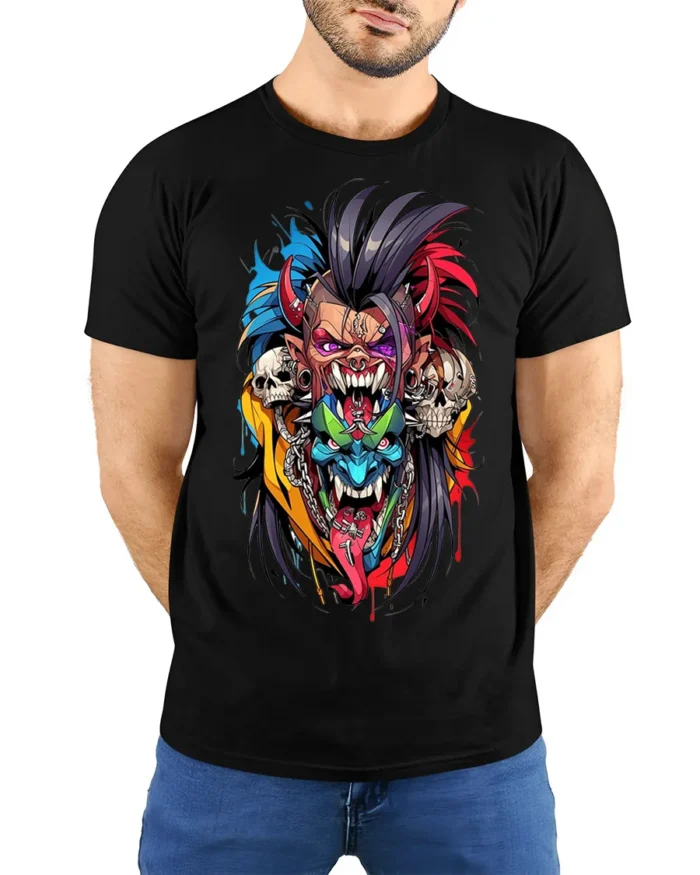 Psycho Demon Skull Fusion Art T-shirt - model wearing black shirt, hands behind back