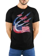 Patriotic Fighter Jet Flag Trail T-shirt - model wearing black shirt, hands behind back