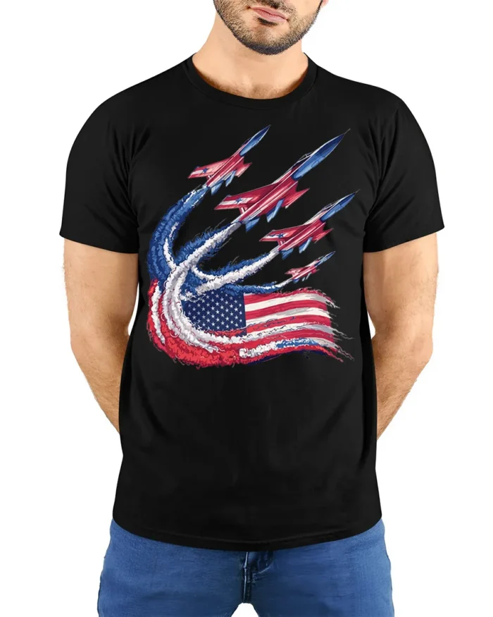 Patriotic Fighter Jet Flag Trail T-shirt - model wearing black shirt, hands behind back