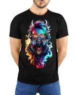 Cyber Demon Mask Neon Flame Art T-shirt - model wearing black shirt, hands behind back