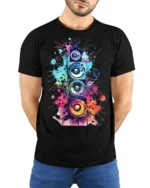 Colorful Sound Speaker Music Art T-shirt - model wearing black shirt, hands behind back