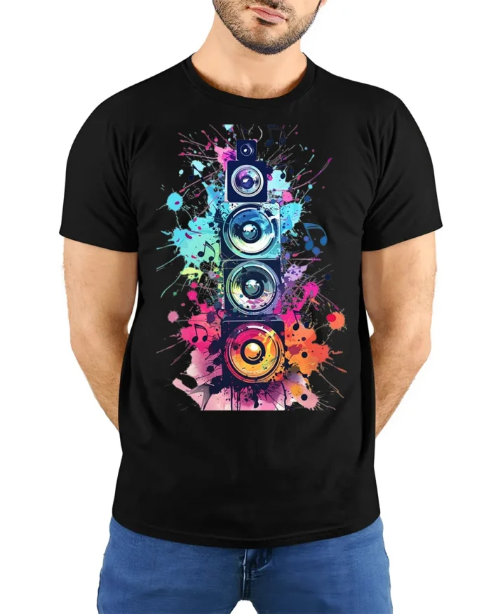 Colorful Sound Speaker Music Art T-shirt - model wearing black shirt, hands behind back
