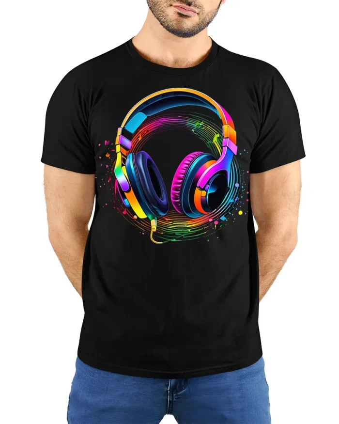 Colorful Headphones Music Wave T-shirt - model wearing black shirt, hands behind back