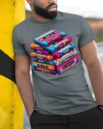 Retro Cassette Tape Stack Art T-shirt - model in grey shirt leaning against column