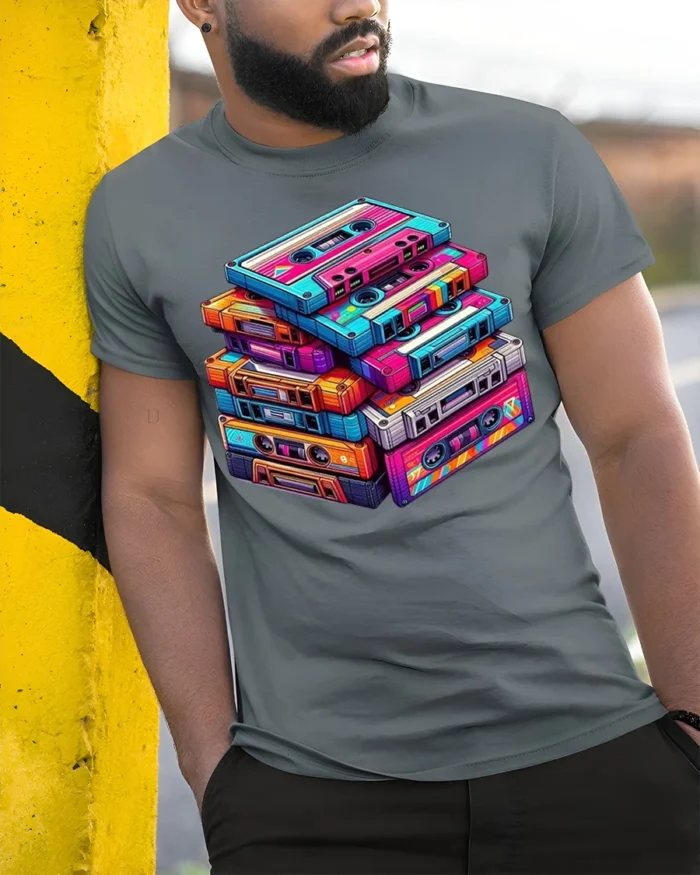 Retro Cassette Tape Stack Art T-shirt - model in grey shirt leaning against column