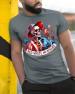 Red White Boujee Skeleton Party T-shirt - model in grey shirt leaning against column