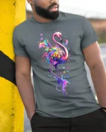 Colorful Flamingo Splash Art T-shirt - model in grey shirt leaning against column