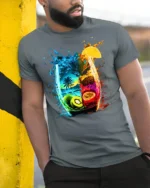 Tropical Fruit Splash Cocktail Art T-shirt - model in grey shirt leaning against column
