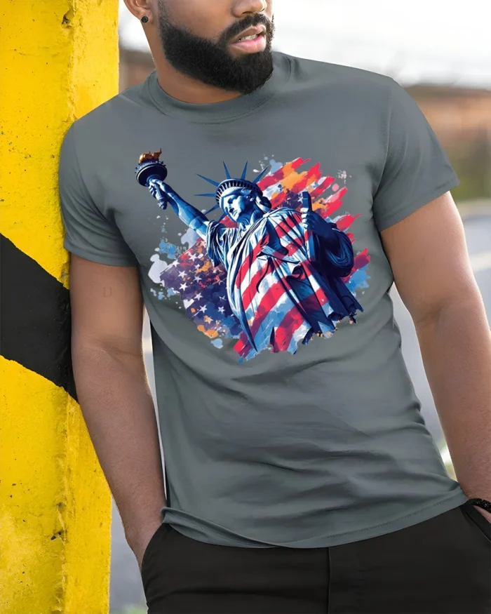 Statue of Liberty American Flag T-shirt - model in grey shirt leaning against column