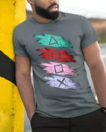 Retro Gamer Symbol Striped Art T-shirt - model in grey shirt leaning against column