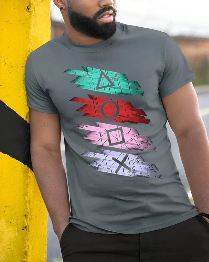 Retro Gamer Symbol Striped Art T-shirt - model in grey shirt leaning against column