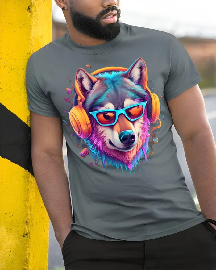 Neon Cool Wolf with Headphones T-shirt - model in grey shirt leaning against column