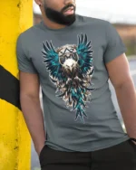 Tribal Warrior Eagle Crest Art T-shirt - model in grey shirt leaning against column