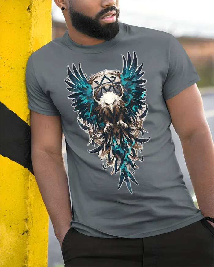 Tribal Warrior Eagle Crest Art T-shirt - model in grey shirt leaning against column