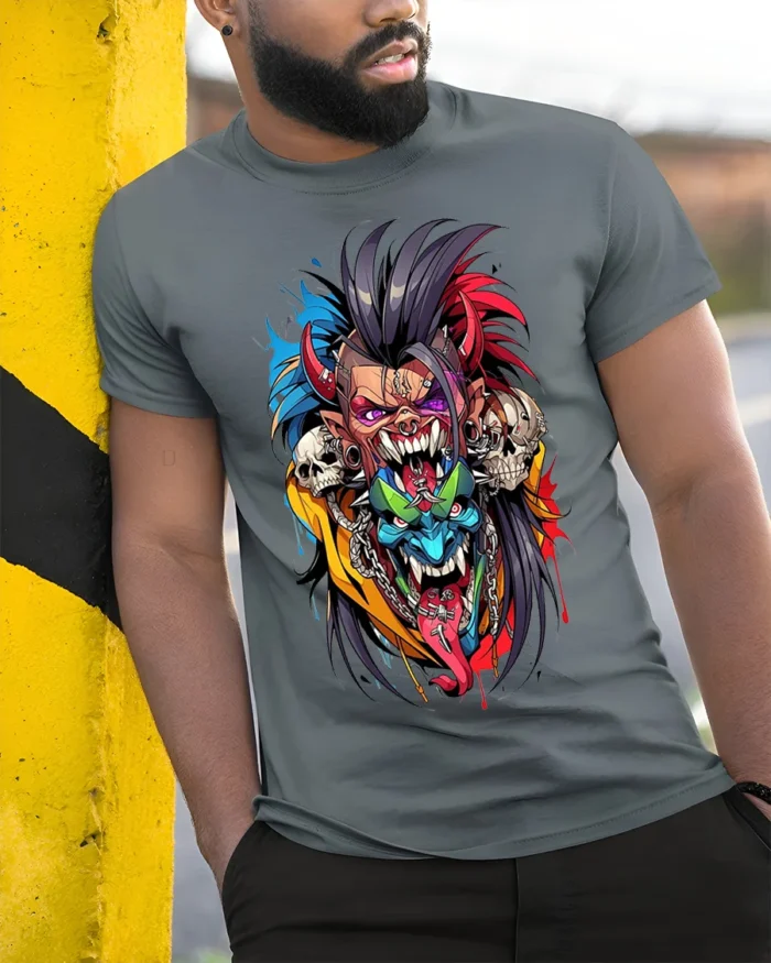 Psycho Demon Skull Fusion Art T-shirt - model in grey shirt leaning against column