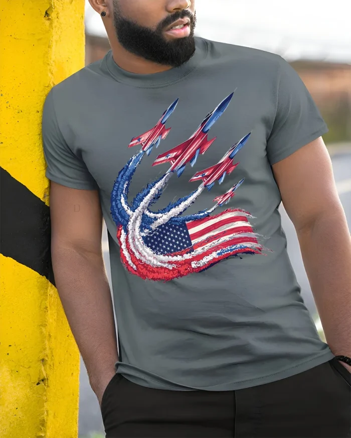 Patriotic Fighter Jet Flag Trail T-shirt - model in grey shirt leaning against column