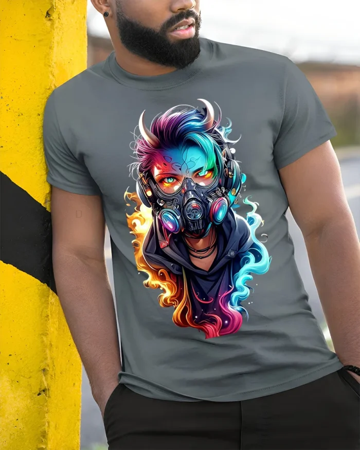 Cyber Demon Mask Neon Flame Art T-shirt - model in grey shirt leaning against column