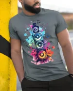 Colorful Sound Speaker Music Art T-shirt - model in grey shirt leaning against column