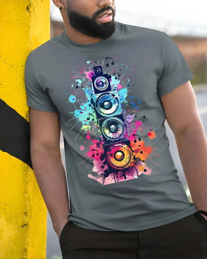 Colorful Sound Speaker Music Art T-shirt - model in grey shirt leaning against column