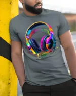 Colorful Headphones Music Wave T-shirt - model in grey shirt leaning against column