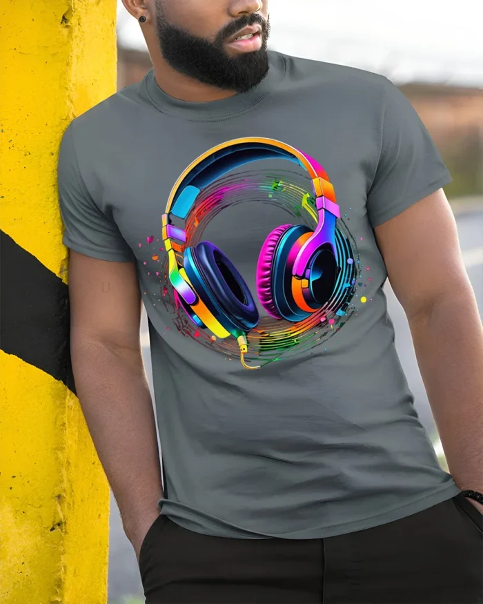Colorful Headphones Music Wave T-shirt - model in grey shirt leaning against column