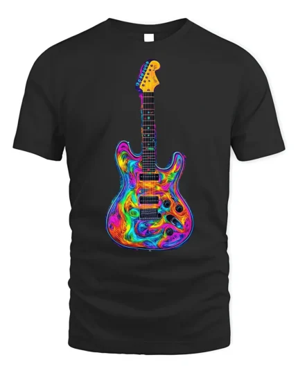 Psychedelic Electric Guitar T-shirt - black t-shirt on white background