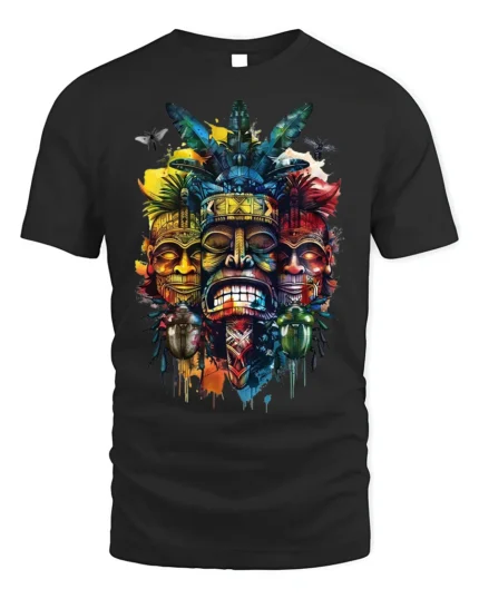 Tribal Mask T-shirt with Colorful Totem Art - black t-shirt on white background