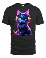 Neon Cat T-shirt with Headphones Graphic Art - black t-shirt on white background